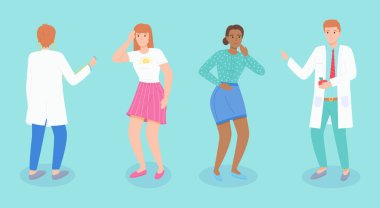 Steteskop ve elmalı doktorlar endişeli hastalara sağlıkları hakkında tavsiyede bulunurlar. Vektör resmi