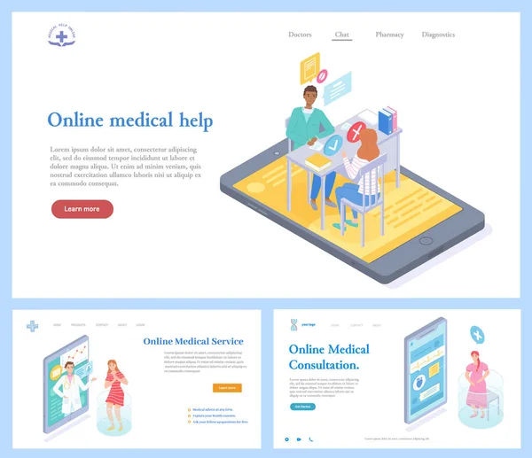 Szablon strony internetowej usług medycznych online. Specjaliści zdalnie konsultują pacjentów za pomocą urządzeń — Wektor stockowy
