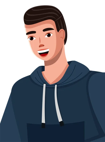 Cartoon illustration of a handsome young dark-haired man with broad smile wearing blue hoodie — Stock Vector