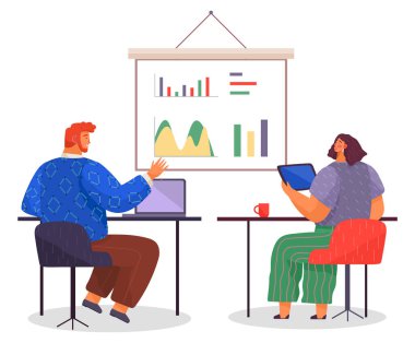 Takım çalışması, masa başında oturan ve proje, plan, iletişim kuran iş arkadaşları.