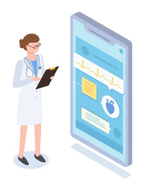 Çizgi film karakteri ile Isometric vektör illüstrasyonu, kadın doktorla online danışma