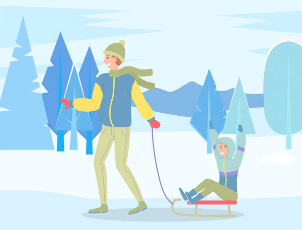 Família vestindo roupas quentes de inverno andando no parque nevado, pai montar filho no trenó, tempo de lazer — Vetor de Stock