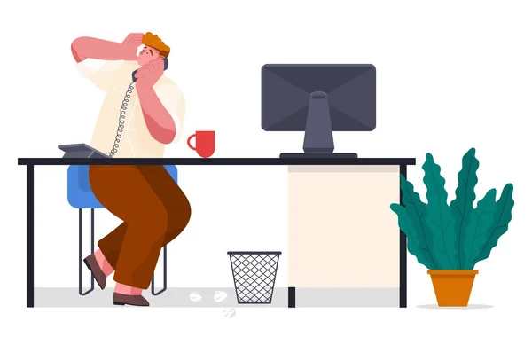 Χάος στο γραφείο, υπάλληλος γραφείου με τηλέφωνο φοβάται αναζητούν, αποτυχία των εργαζομένων προθεσμία, κάνουν λάθος — Διανυσματικό Αρχείο