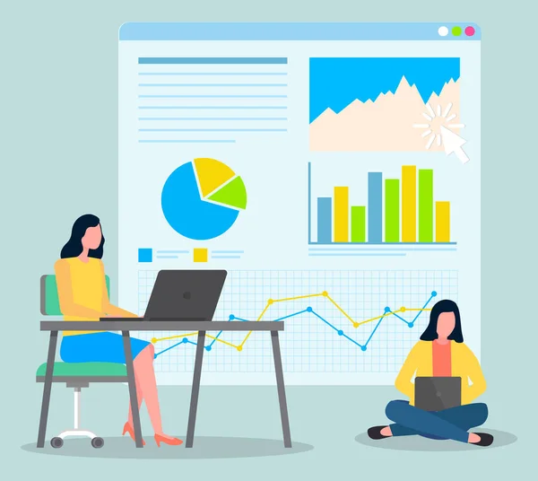 Deux femmes d'affaires analysant des statistiques, des analyses financières, des partenaires travaillant avec des graphiques — Image vectorielle