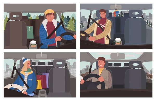 Hombres y mujeres conduciendo vehículos, conjunto de imágenes — Vector de stock