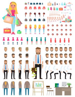 Alışveriş çantalı mutlu kız, para dolu çantalı başarılı iş adamı, set eşyaları.