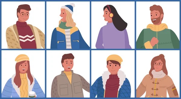 Persone che indossano abiti invernali, uomo e donna Set — Vettoriale Stock