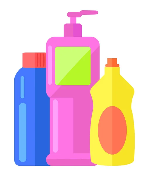 Tisztítószer, flakon adagolóval vagy légmentes szivattyúval, tisztítószerrel, mosogatószeres folyadékkal — Stock Vector