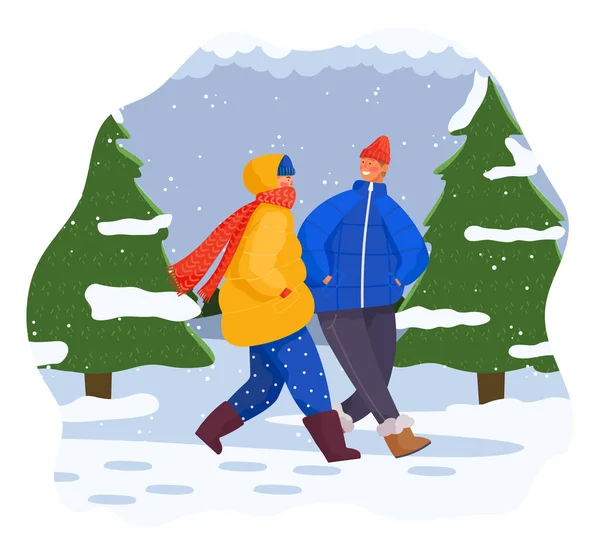 冬天，一对快乐的女孩和小伙子穿着保暖的衣服，戴着帽子，年轻的成年人 — 图库矢量图片