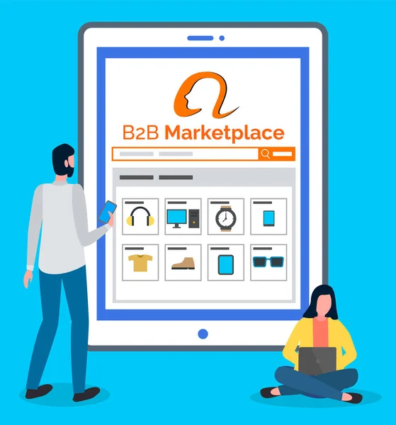 B2b marketplace, online shop at digital tablet, customers man and woman choosing clothes, products — Stock Vector