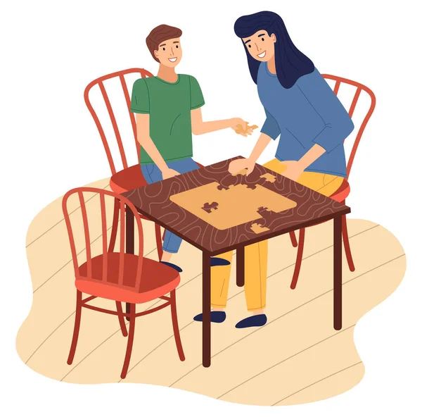 Mother and son together at home playing table logic game, connecting collecting puzzle pieces — Stock Vector