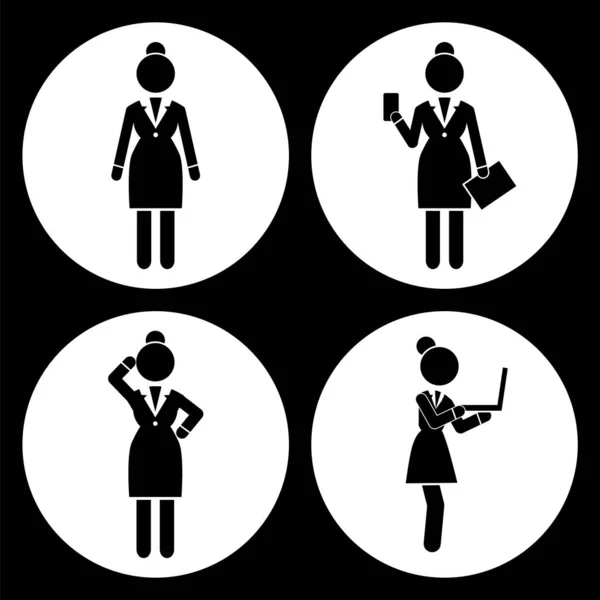 Conjunto blanco y negro de mujeres de negocios avatar en traje de oficina, pensar, con carpeta y teléfono, portátil — Vector de stock