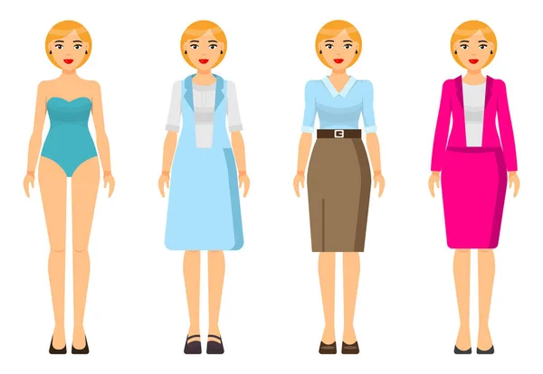 Dresscode of businesswoman or businesslady, sada oblečení, žena ve spodním prádle, kancelářský styl — Stockový vektor