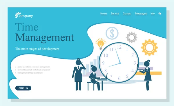 ウェブサイトのランディングページの概念,時間管理,オフィスの時間を整理,働くビジネス女性 — ストックベクタ