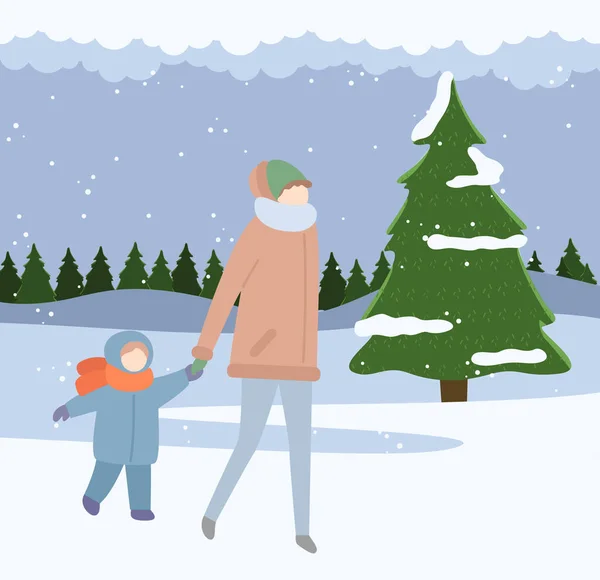 Winter, mother and little boy wearing warm clothes jacket, scarf, gloves and hat, people walking — Stock Vector