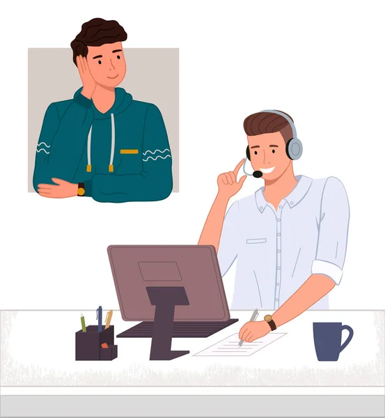 Operador de call center ou hotline conversando com o cliente, gerente de escuta do cliente com fone de ouvido — Vetor de Stock
