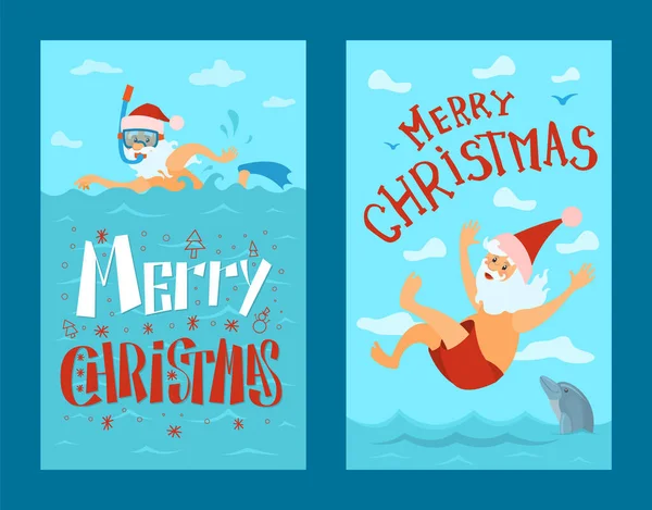 Santa Claus Diving in Red Hat, New Year Character — Stock Vector