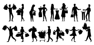 Alışveriş yapan insanların siluetleri. Alışverişçiler ellerinde alışverişlerle tatile hazırlanıyorlar.
