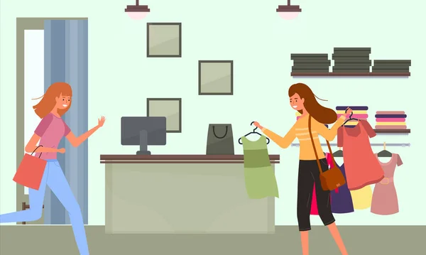 Femme avec un cintre avec des t-shirts va faire du shopping. La fille avec un paquet rose dans ses mains — Image vectorielle