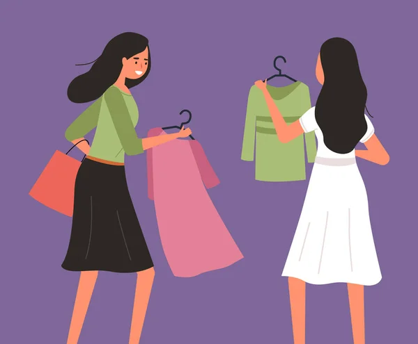 Meisje met een hangertje met een jurk in haar handen. Vrouwen die kleding kiezen tijdens een verkoop — Stockvector