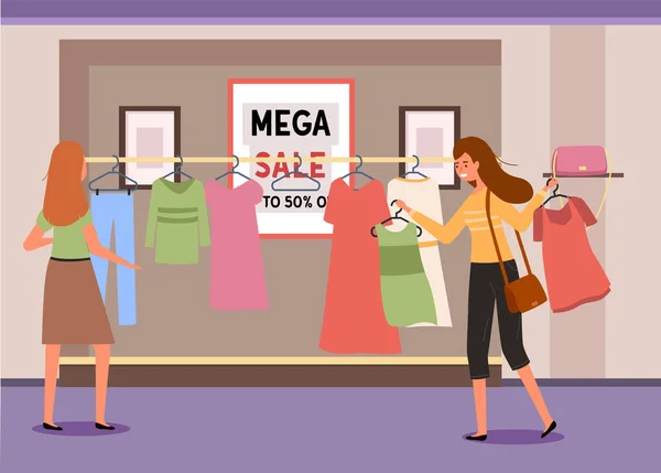 Chica con una percha con camisetas en las manos comprando. Mujeres eligiendo prendas durante una venta — Vector de stock