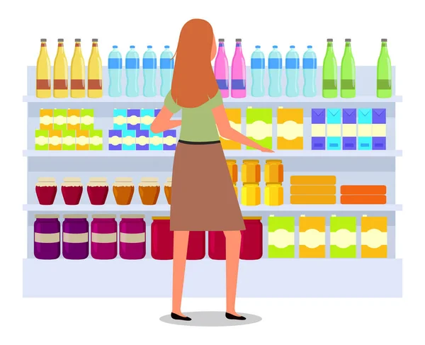 Το κορίτσι δίπλα στον πάγκο με τα ποτά διαλέγει αγαθά. Η γυναίκα στο μαγαζί αγοράζει υγρό. — Διανυσματικό Αρχείο