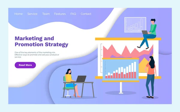 Mall för webbplats för marknadsföring. Strategi för konsumentforskning, marknadsföring och marknadsföring. Platt vektorbild — Stock vektor