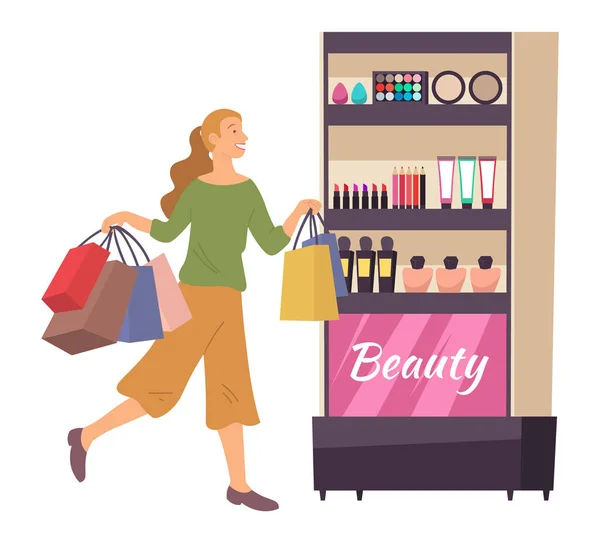 Leende kvinna shoppar i en kosmetikabutik. Ung mode flicka plockar upp paket med toalettartiklar — Stock vektor