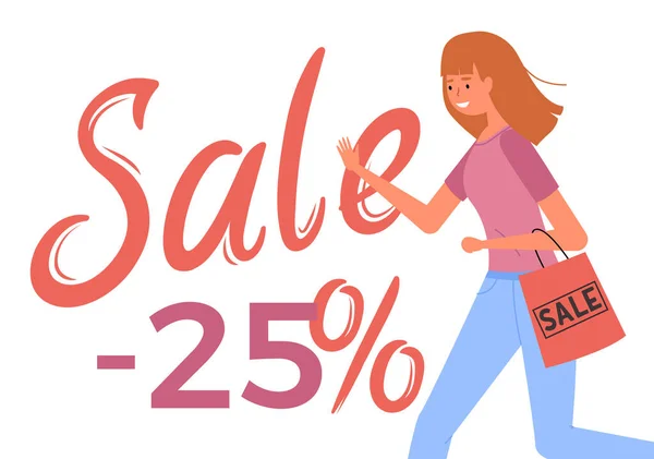 Menina com um pacote rosa em suas mãos vai às compras. Comprador durante os vinte e cinco por cento de desconto — Vetor de Stock