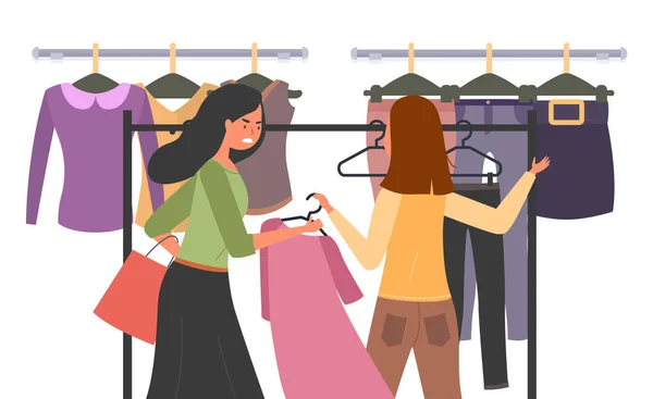 Les filles du magasin se battent pour la robe. Femme en colère se tient avec un cintre et choisit des vêtements — Image vectorielle