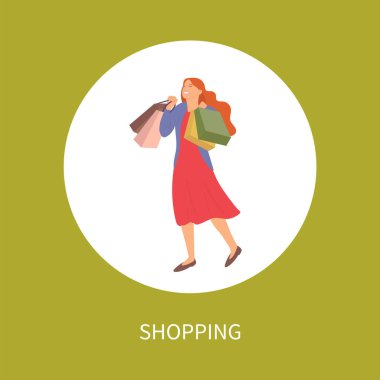 Büyük satış duyurusu. Sadece bu hafta. Alışveriş torbalı kadın. Kız atlar ve paketleri toplar.