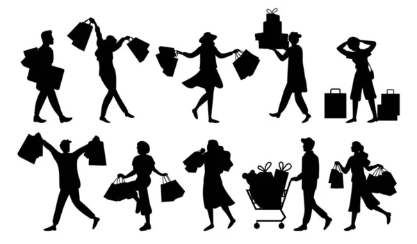 Силуэты людей, делающих покупки. Покупатели с покупками в руках и женщины, покупающие одежду — стоковый вектор