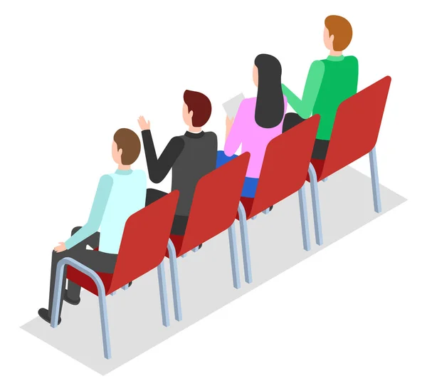 Los participantes de la conferencia están sentados en sillas, celebrando negociaciones. Cooperación comercial. Imagen plana — Archivo Imágenes Vectoriales