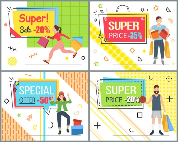 Set of illustrations on the theme of special offer and discounts. People are shopping in the store — Stock Vector