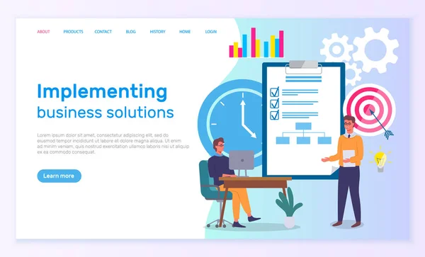 ビジネスソリューションサイドテンプレートの実装。チェックリスト、従業員がデータを監視、分析 — ストックベクタ