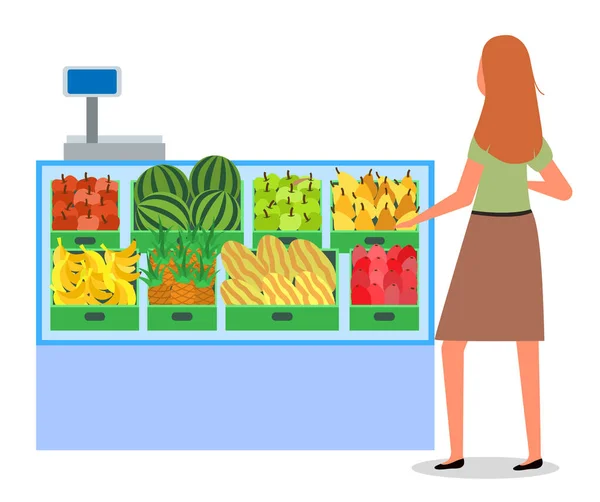 La chica al lado del mostrador de alimentos está eligiendo productos. La mujer de la tienda está comprando fruta. — Vector de stock