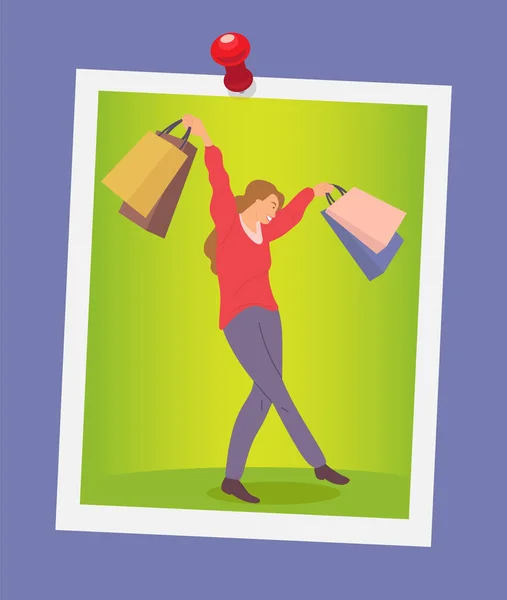 Ilustração de uma mulher feliz de pé com sacos de compras. Jovem na foto cruza as pernas — Vetor de Stock