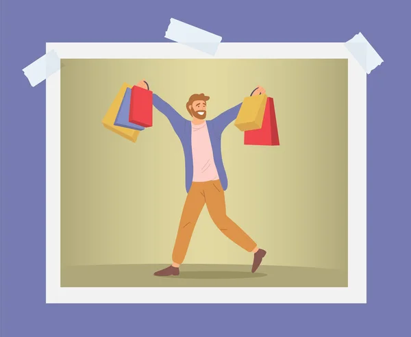 Ilustração de um homem com sacos de compras. Jovem na foto pega pacotes — Vetor de Stock