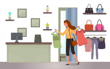 Elinde tişörtü olan askılı bir kız. Kadın kasaya alışverişlerle gider.