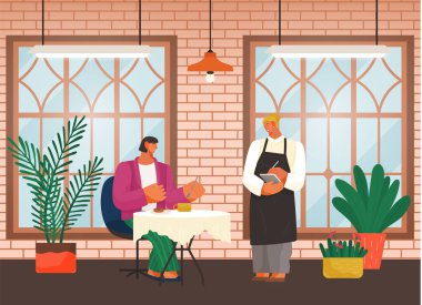 Lokantada oturmuş çörek yiyen genç bir kadın, özenli garson kız sipariş yazıyor.