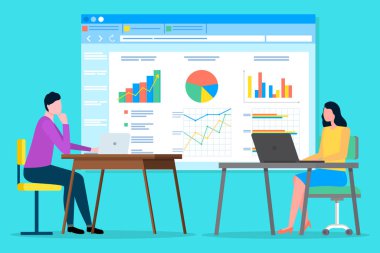 Veri analizi ekip çalışması, istatistiksel analiz göstergelerle çalışıyor, piyasa araştırma kavramı