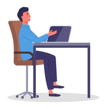 Masada dizüstü bilgisayarı olan bir ofis çalışanı. İş adamı ya da işyerinde çalışan bir memur.