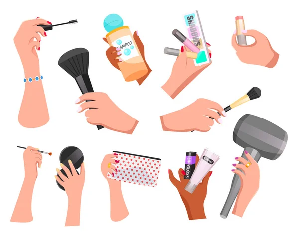 Make-up kosmetische liefert Symbole Vektor Illustration. Make-up-Produkte, Gesichts- und Haarpflege-Set — Stockvektor