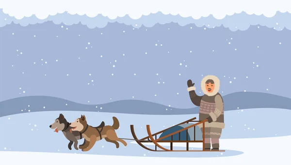 Arktyczny człowiek używający sań z psami saniami podróżującymi po zaspie śnieżnej. Eskimoska osoba z zespołem psów w akcji — Wektor stockowy