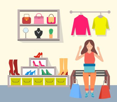 Alışveriş merkezi vektör illüstrasyonunda alışveriş yapan kadın. Bir butikte dizlerinin üstünde kutuyla oturan bir kız.