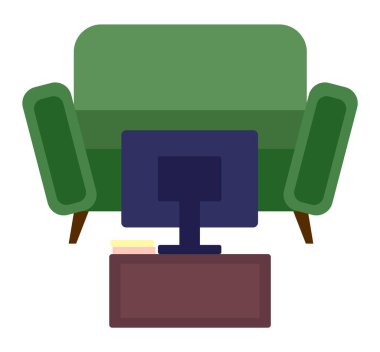 Yeşil kanepe ve televizyonlu küçük masa. Oturma odası mobilya tasarımı, modern ev tasarımı