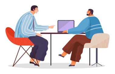 Working space, businessmen sitting at desk with laptop. Business meeting or working process clipart
