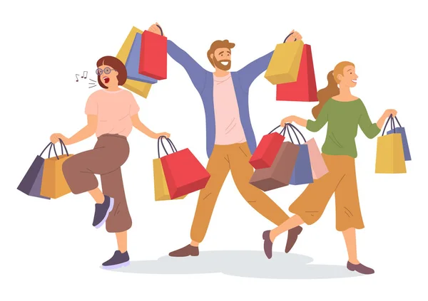 En grupp människor med shoppingväskor i sina händer. Kunderna köper presenter. Förnödenheter före hollidays — Stock vektor