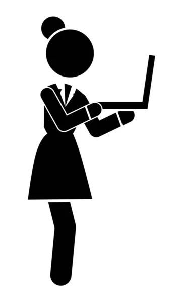 Femme d'affaires silhouette noire vue de côté. Travailleuse de bureau travaillant sur ordinateur portable isolé sur blanc — Image vectorielle