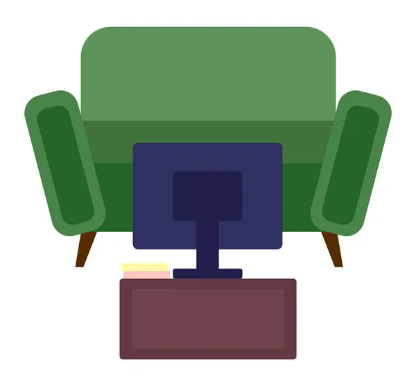 Зеленый диван и маленький стол с телевизором. Дизайн мебели для гостиных, современный интерьер — стоковый вектор